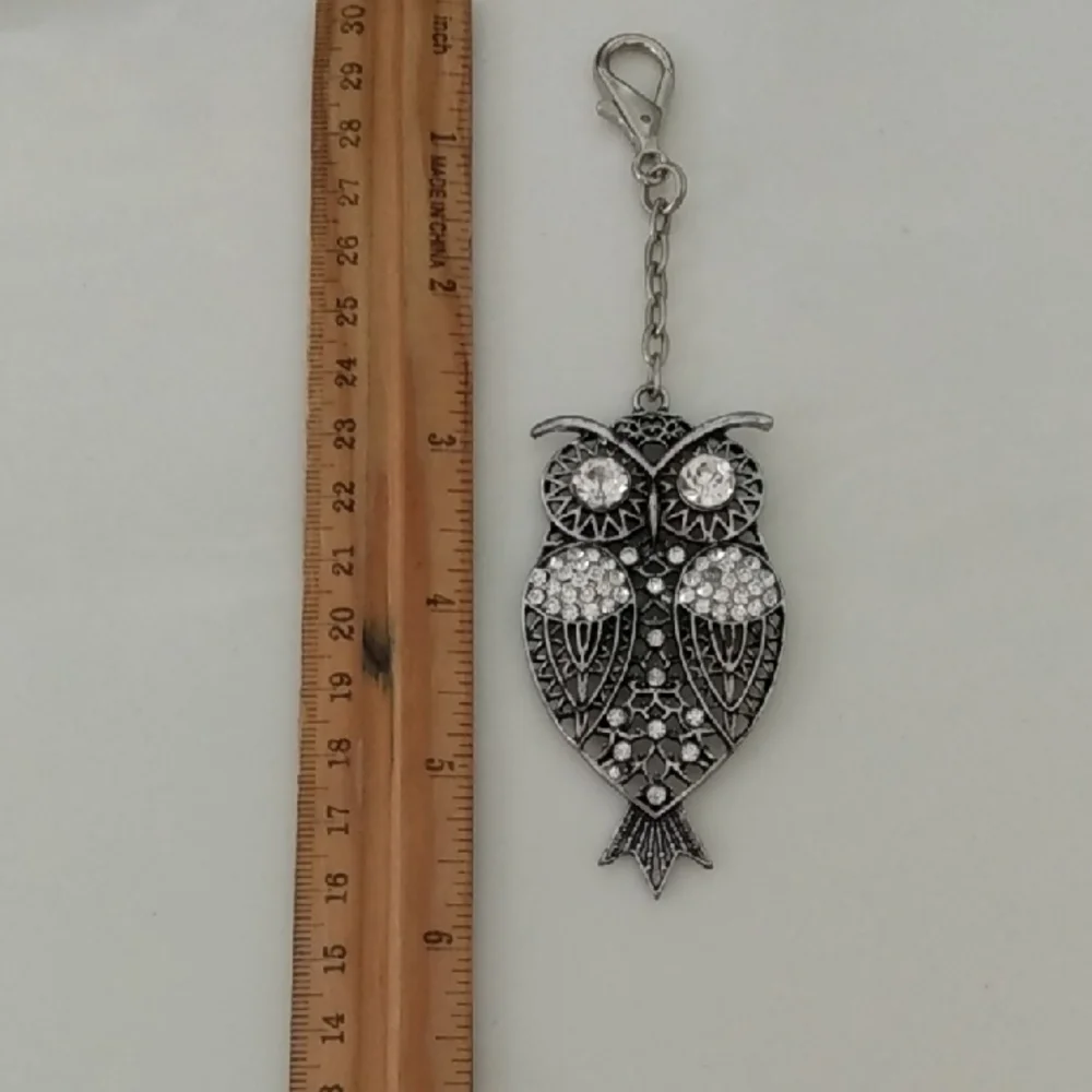 Silver and Rhinestone Owl Keychain Bag Charm Tag Purse Hang Fob